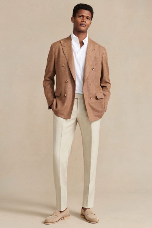 Men's stone linen trousers, white shirt, brown double-breasted blazer and suede beige penny loafers outfit