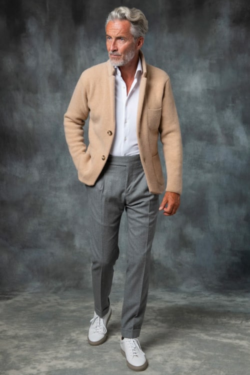 Men's grey wool dress pants, white shirt, knitted camel blazer and white sneakers outfit