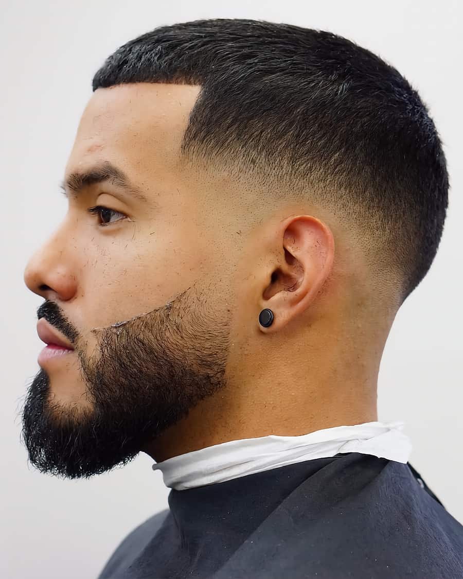 Black man with a buzz cut and faded sides and beard