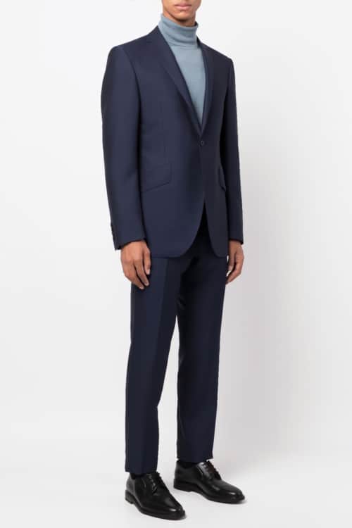 Men's navy mohair suit and light blue roll neck outfit