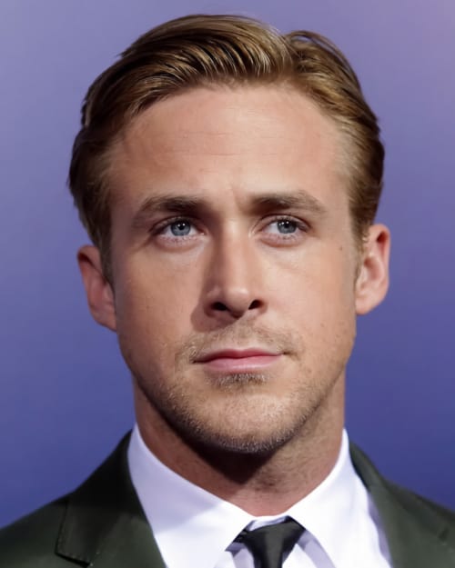 Ryan Gosling with a short, neat Ivy League side parting haircut