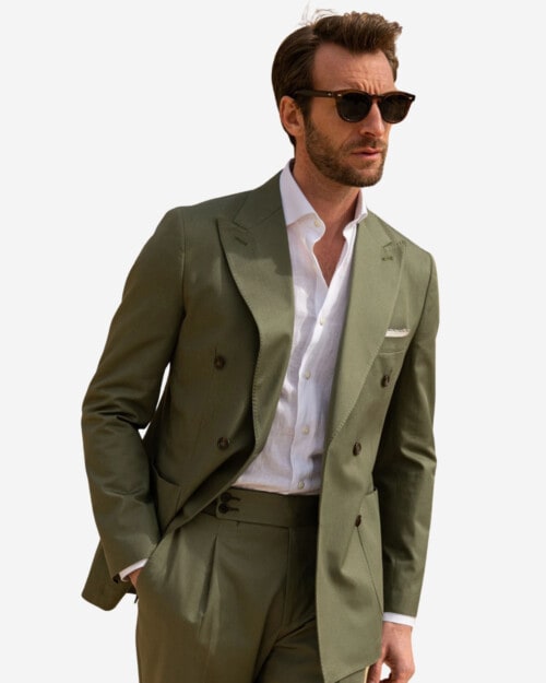 Pini Parma Green Double-Breasted Suit in Loro Piana Cotton