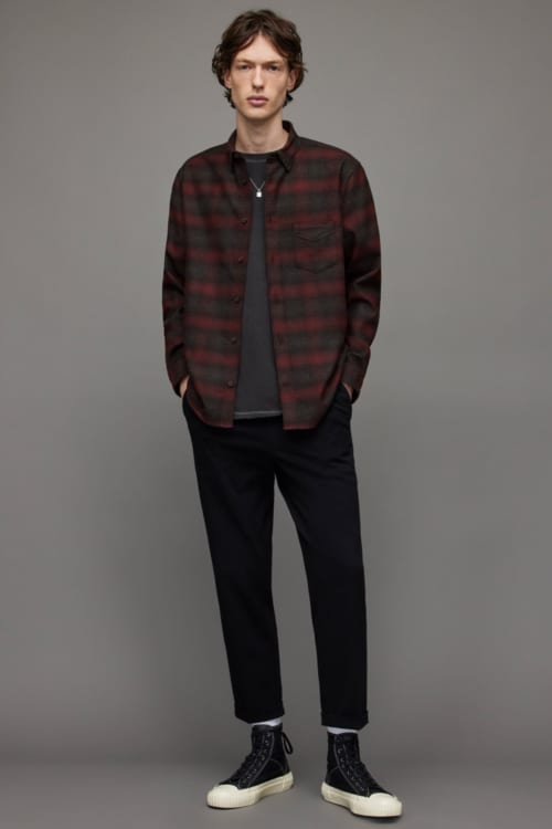 Men's black jeans, charcoal T-shirt, red flannel checked shirt and black canvas high-top sneakers outfit