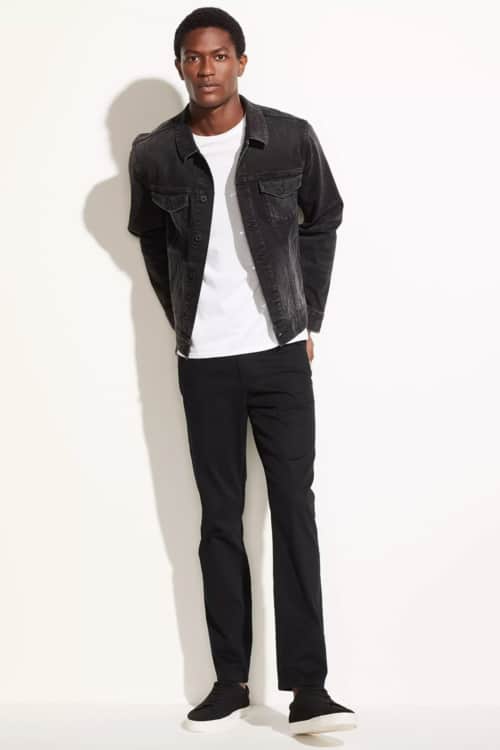 Men's black jeans white T-shirt, black denim jacket and black sneakers outfit