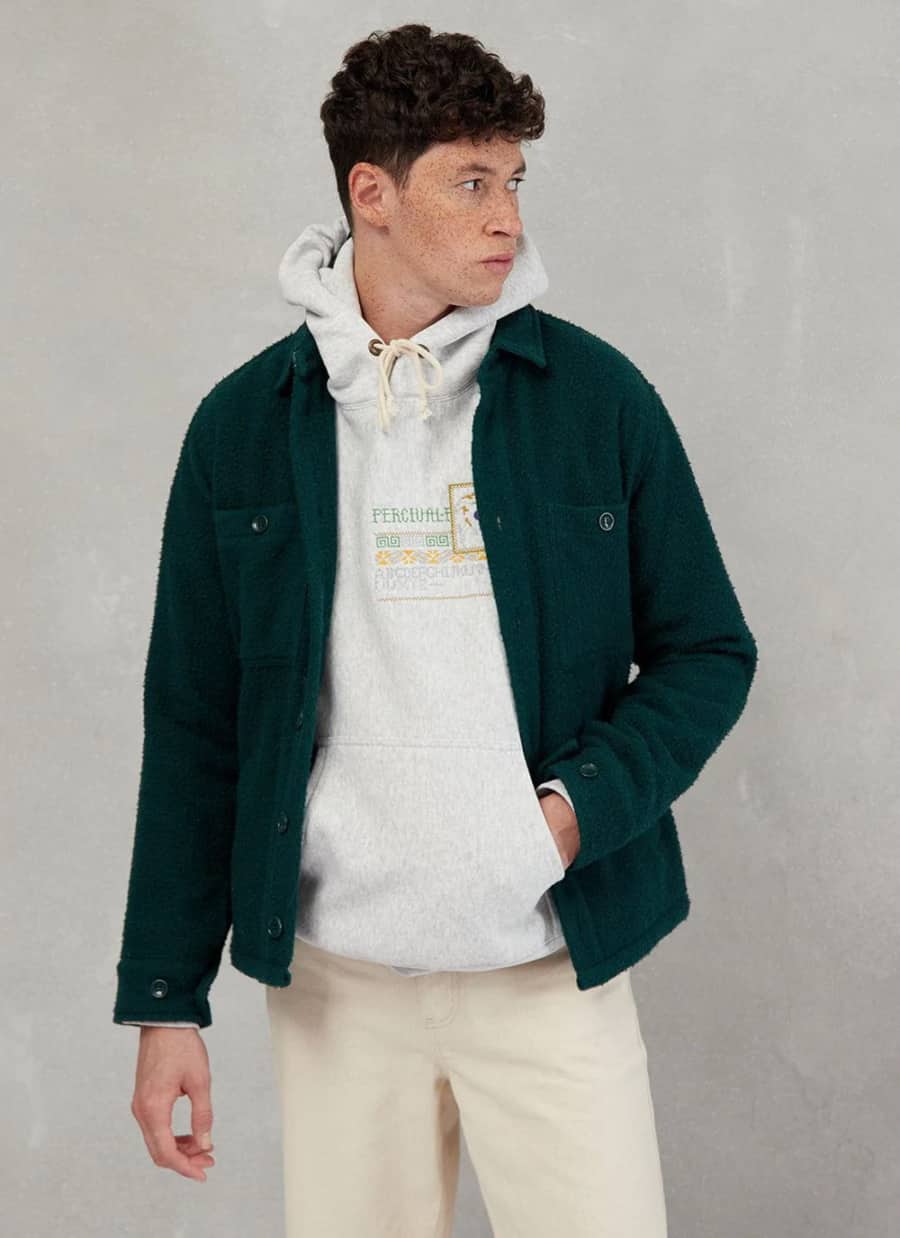 Men's cream trousers, grey hoodie and green boiled wool flannel shirt