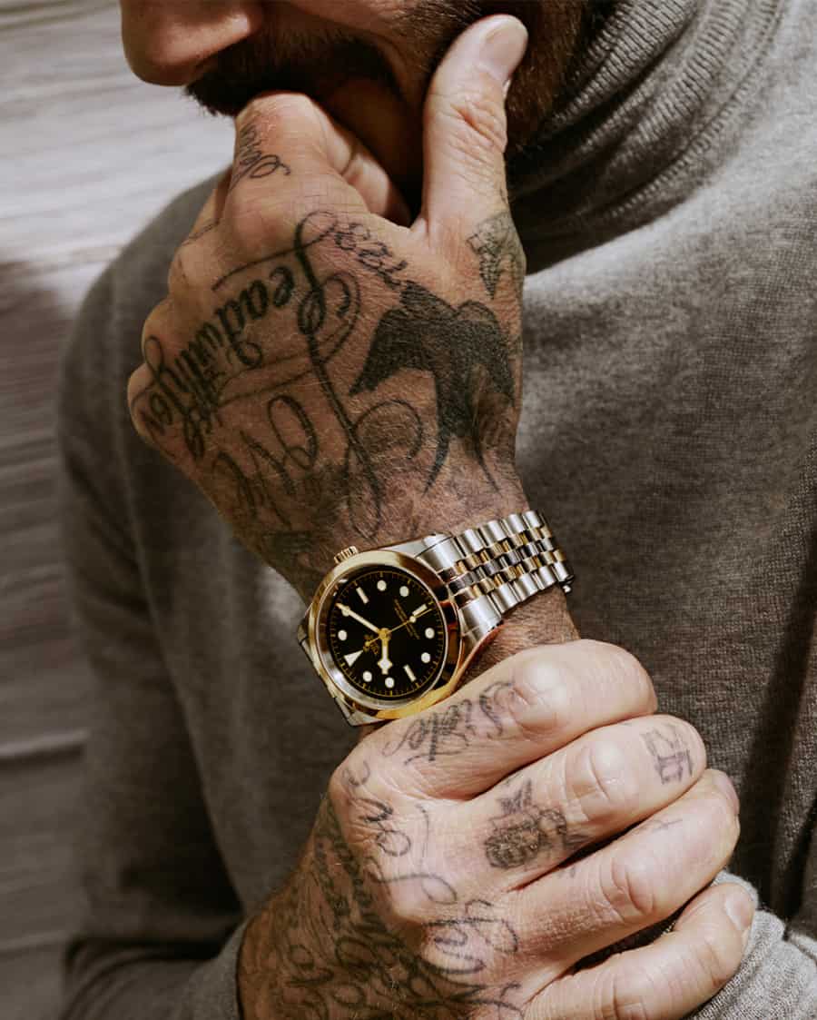 David Beckham wearing a bimetal Tudor Black Bay watch