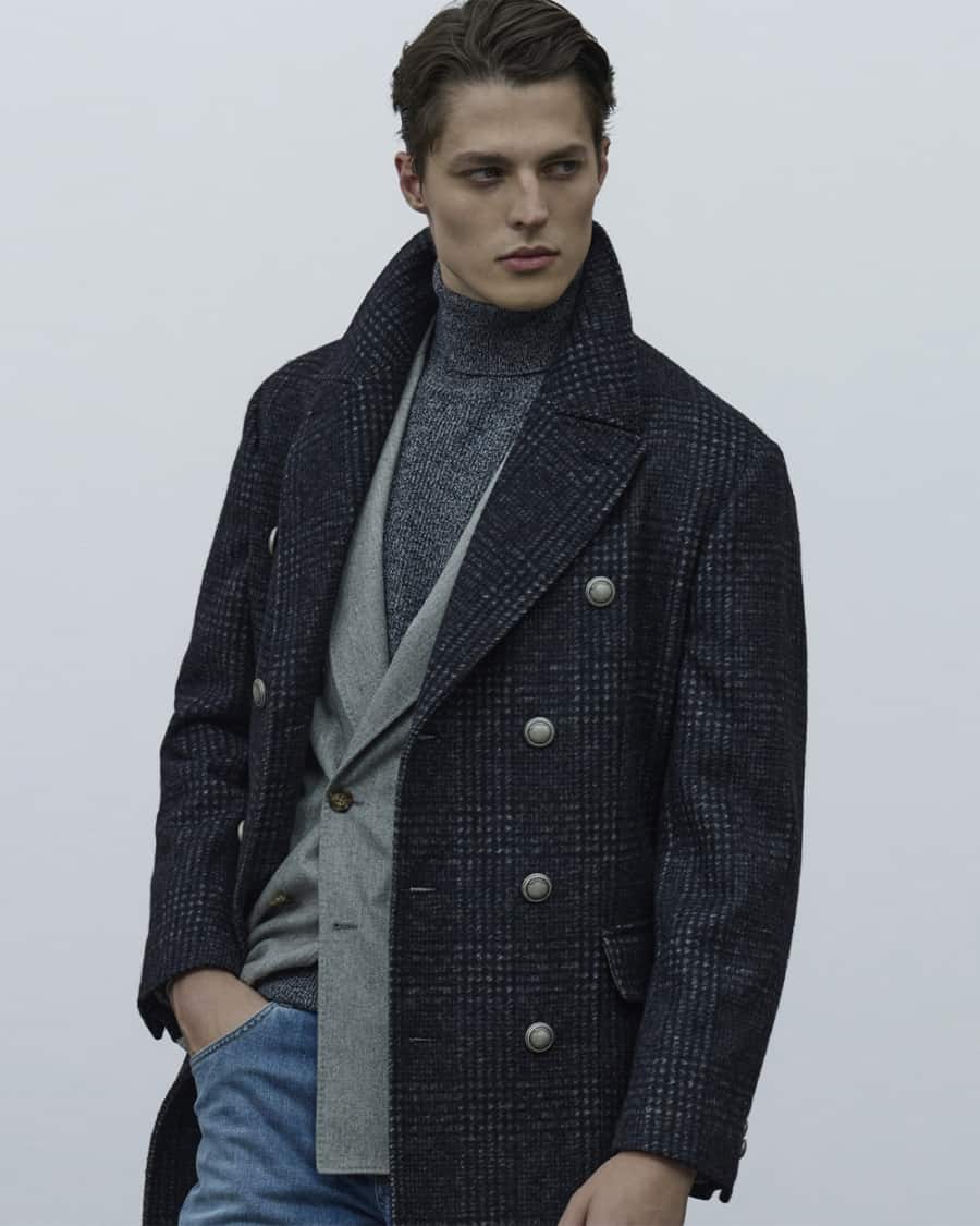 Men's layered winter outfit - turtleneck, blazer and overcoat