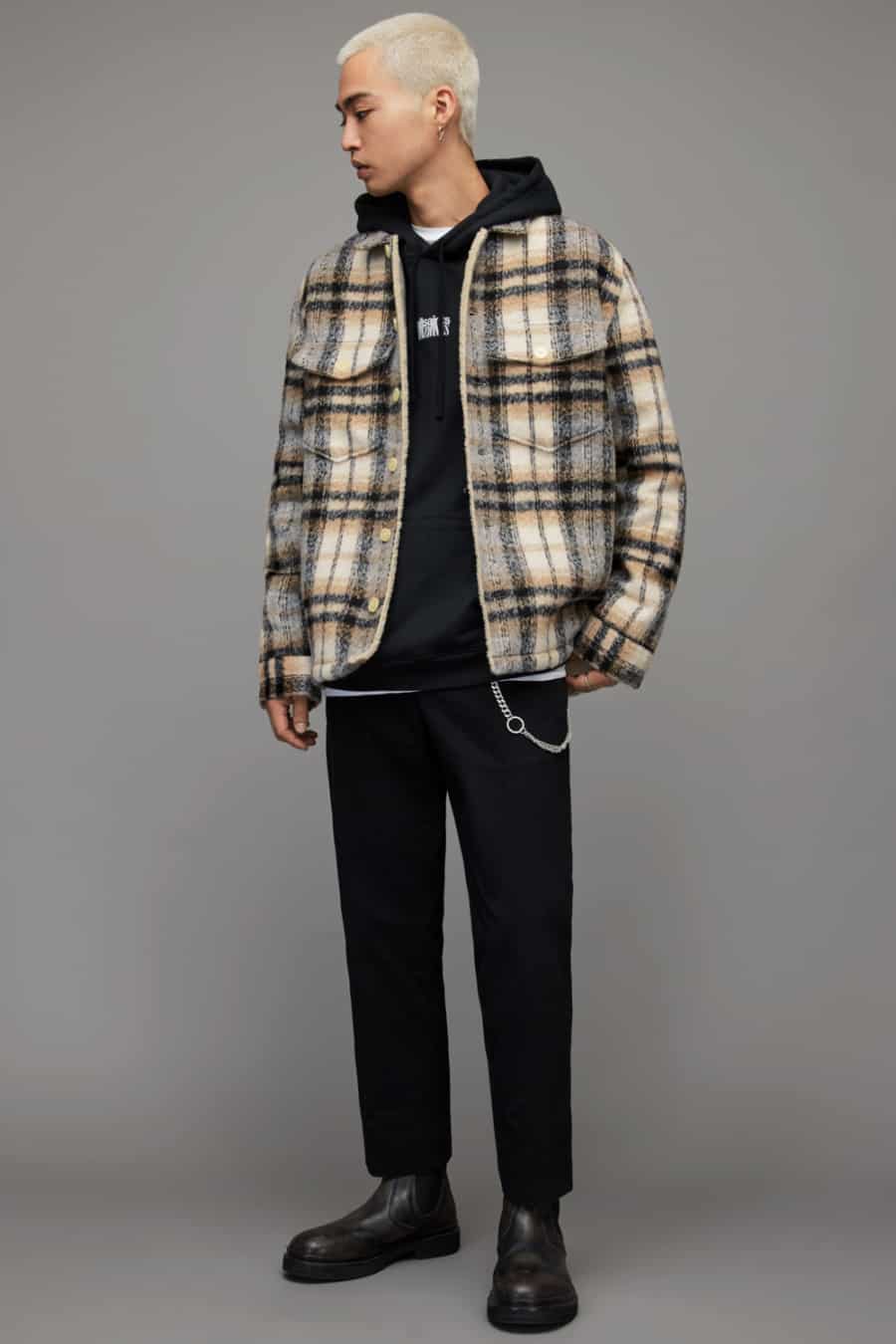 Men's black cropped chinos, black hoodie, flannel check overshirt and black Chelsea boots outfit
