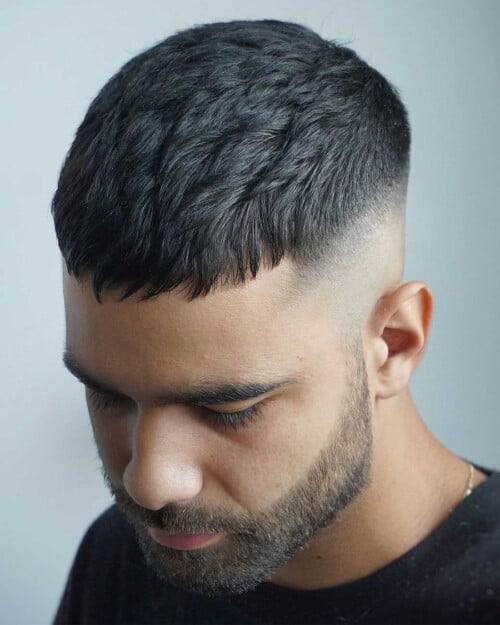 Men's Caesar/French crop haircut with high bald fade