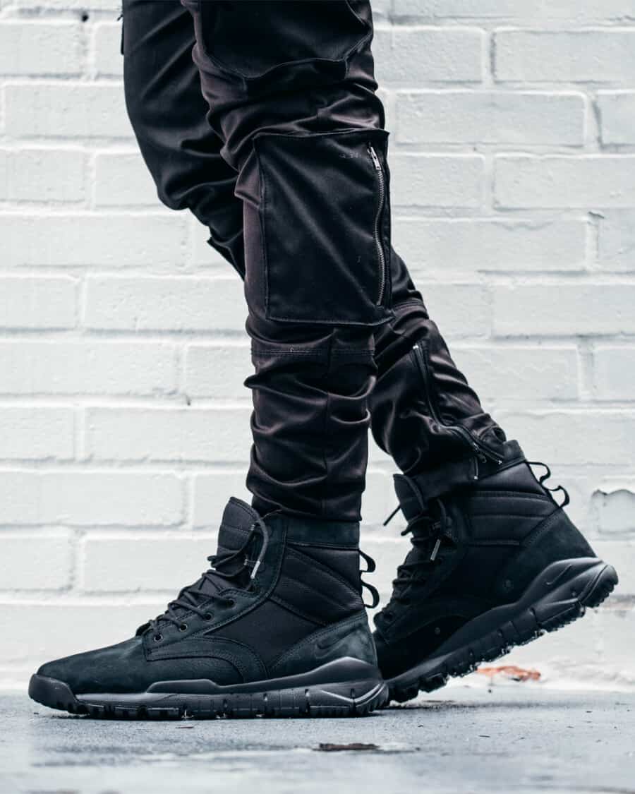Nike SFB 6" Leather Sneaker Boot on feet worn with black denim