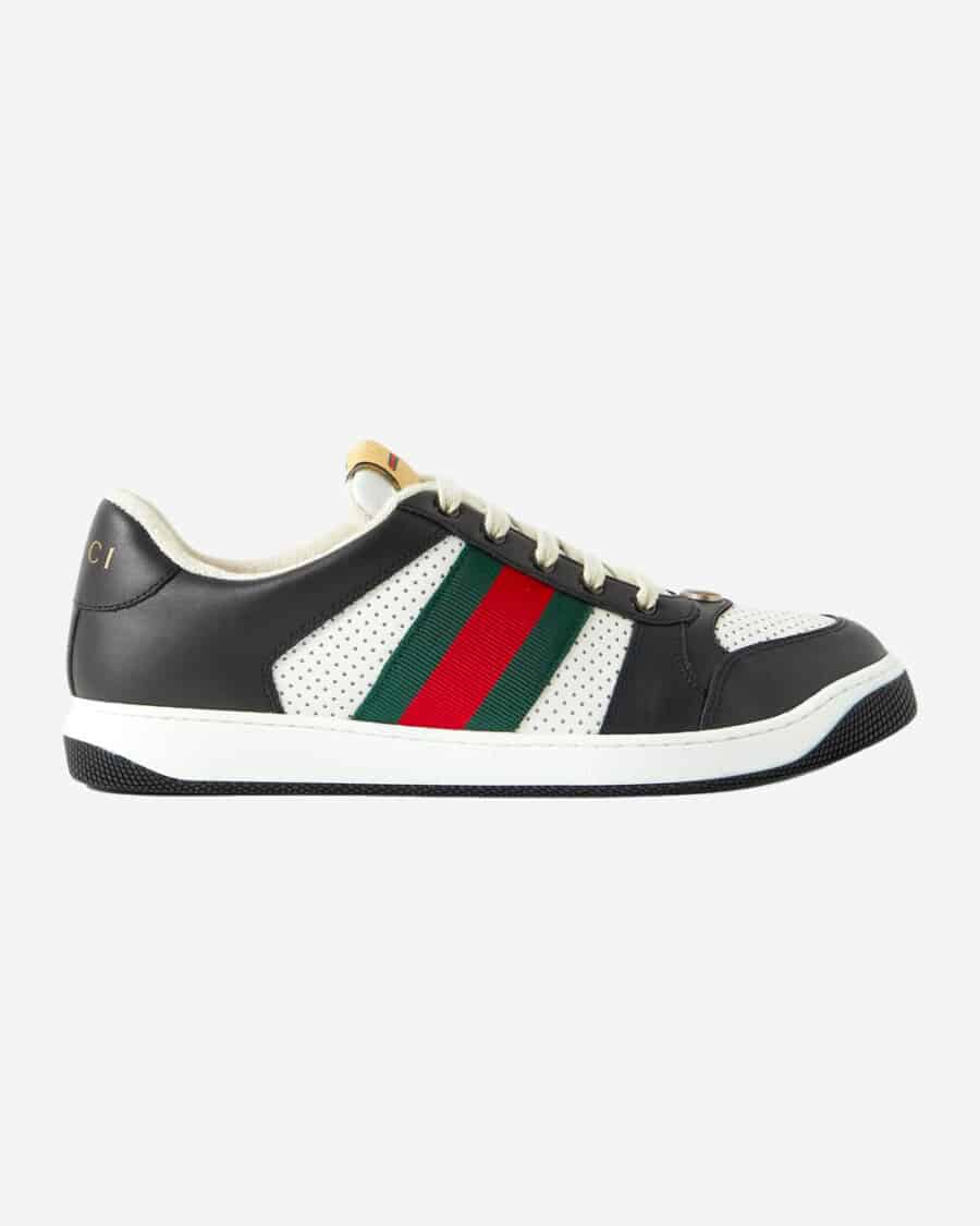 Gucci Screener Webbing-Trimmed Perforated Leather Sneakers in black and white