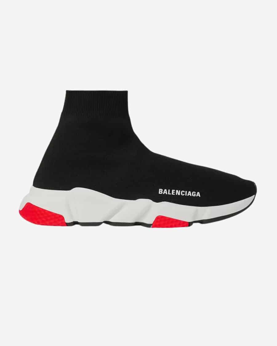 Balenciaga Speed Sock Stretch-Knit Slip-On Sneakers in black, white and red