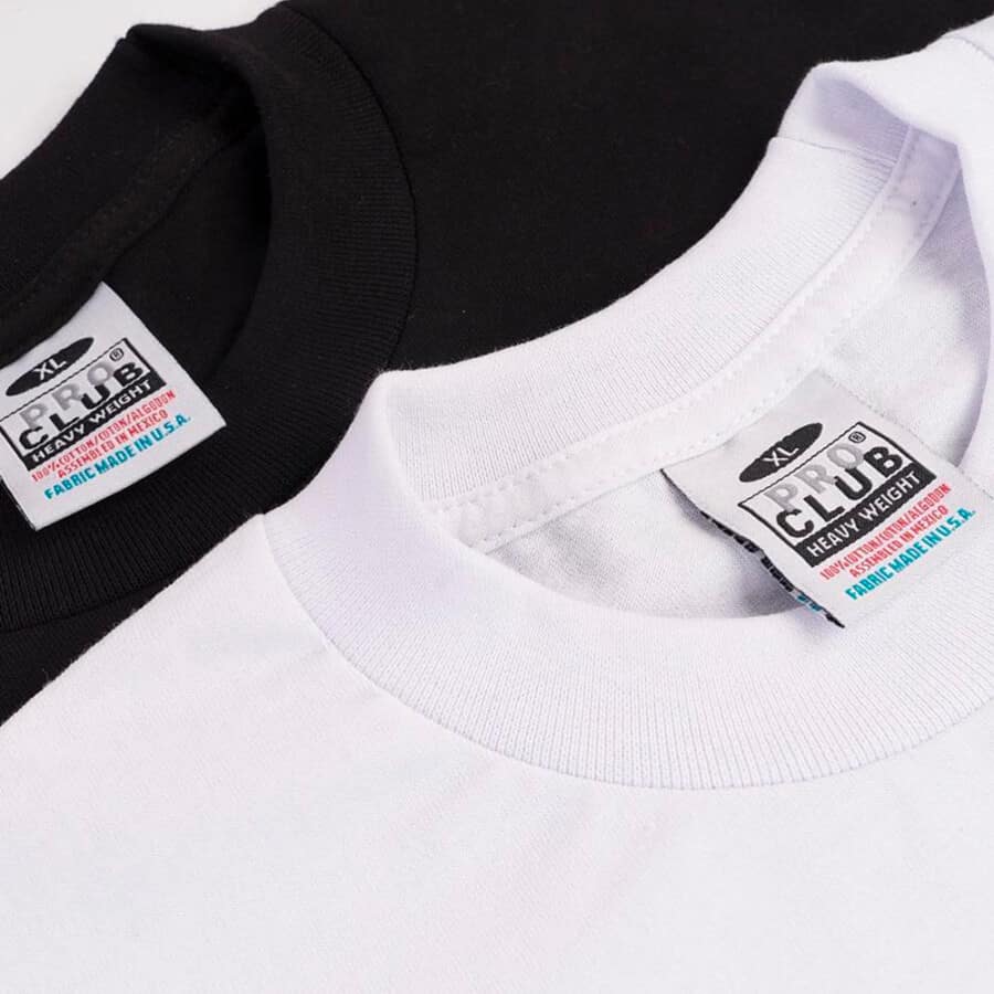 Close up of two heavyweight T-shirt collars in black and white