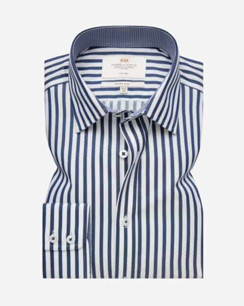 Non-Iron Navy & White Stripe Fitted Slim Shirt