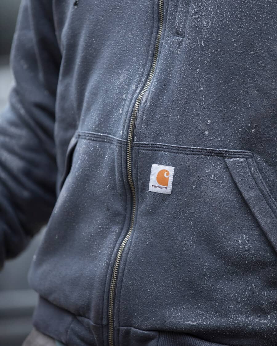 Close up of a Carhartt water resistant heavyweight hoodie