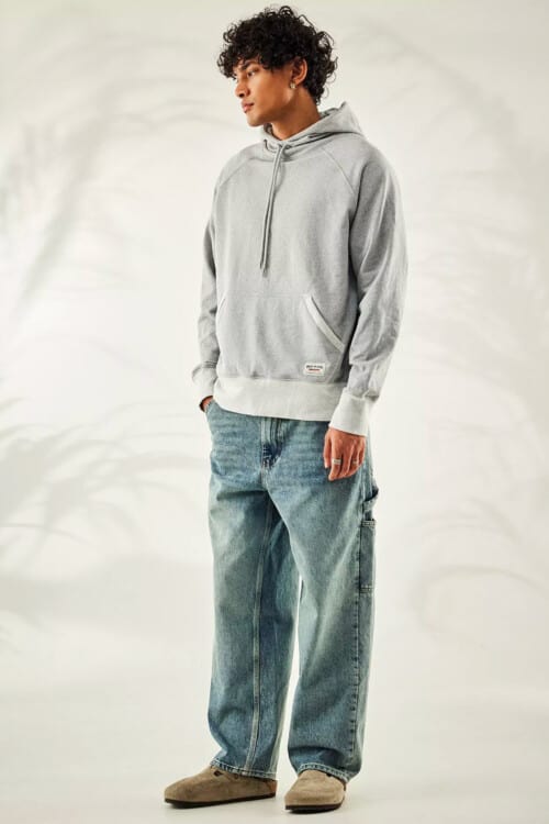 Men's loose carpenter jeans, oversized grey hoodie and slip on mules outfit