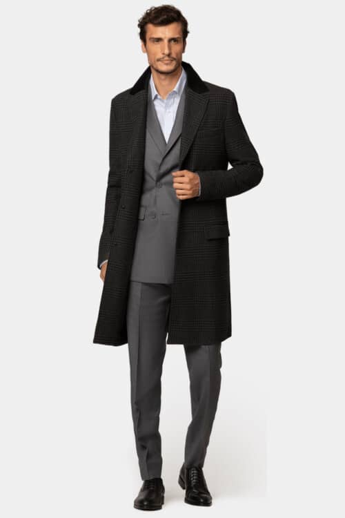 Men's grey double-breasted suit, white shirt, black shoes and covert coat outfit