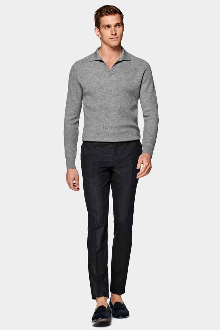 Men's charcoal wool pants, knitted grey long-sleeved polo shirt and suede loafers outfit