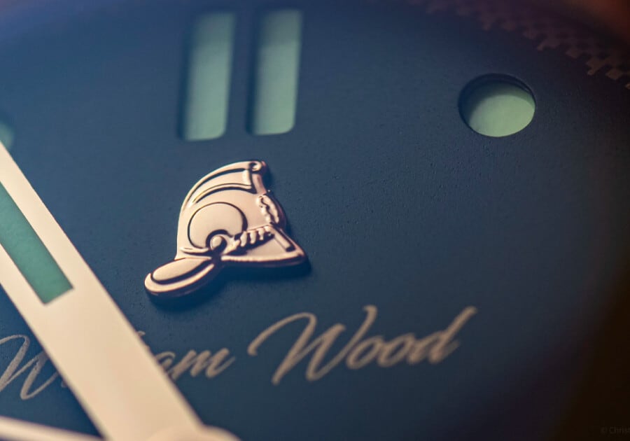 Close up of the dial of a British William Wood watch