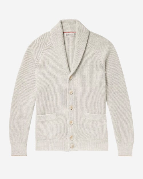 Brunello Cucinelli Shawl-Collar Ribbed Cotton and Linen-Blend Cardigan