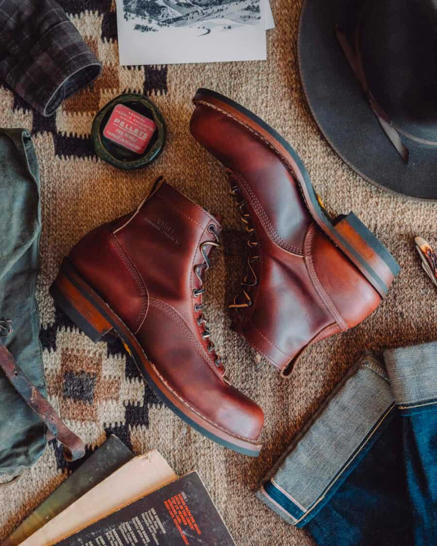 A pair of rich burgundy leather work boots made in America by White's Boots