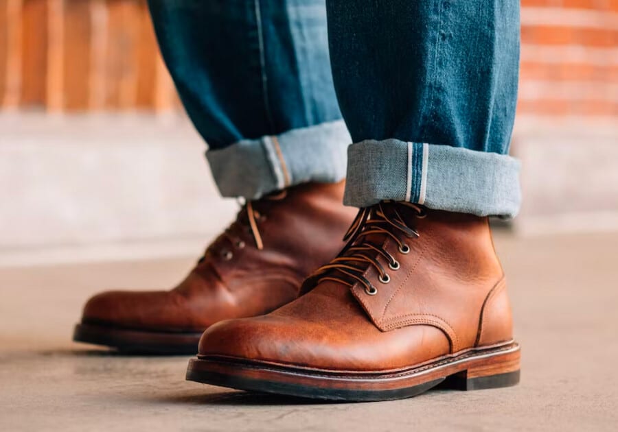 A pair of rich brown leather Derby boots made wholly in America by Oak Street Bootmakers
