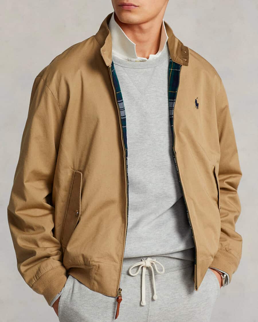 Man wearing beige Ralph Lauren Harrington jacket with grey sweats