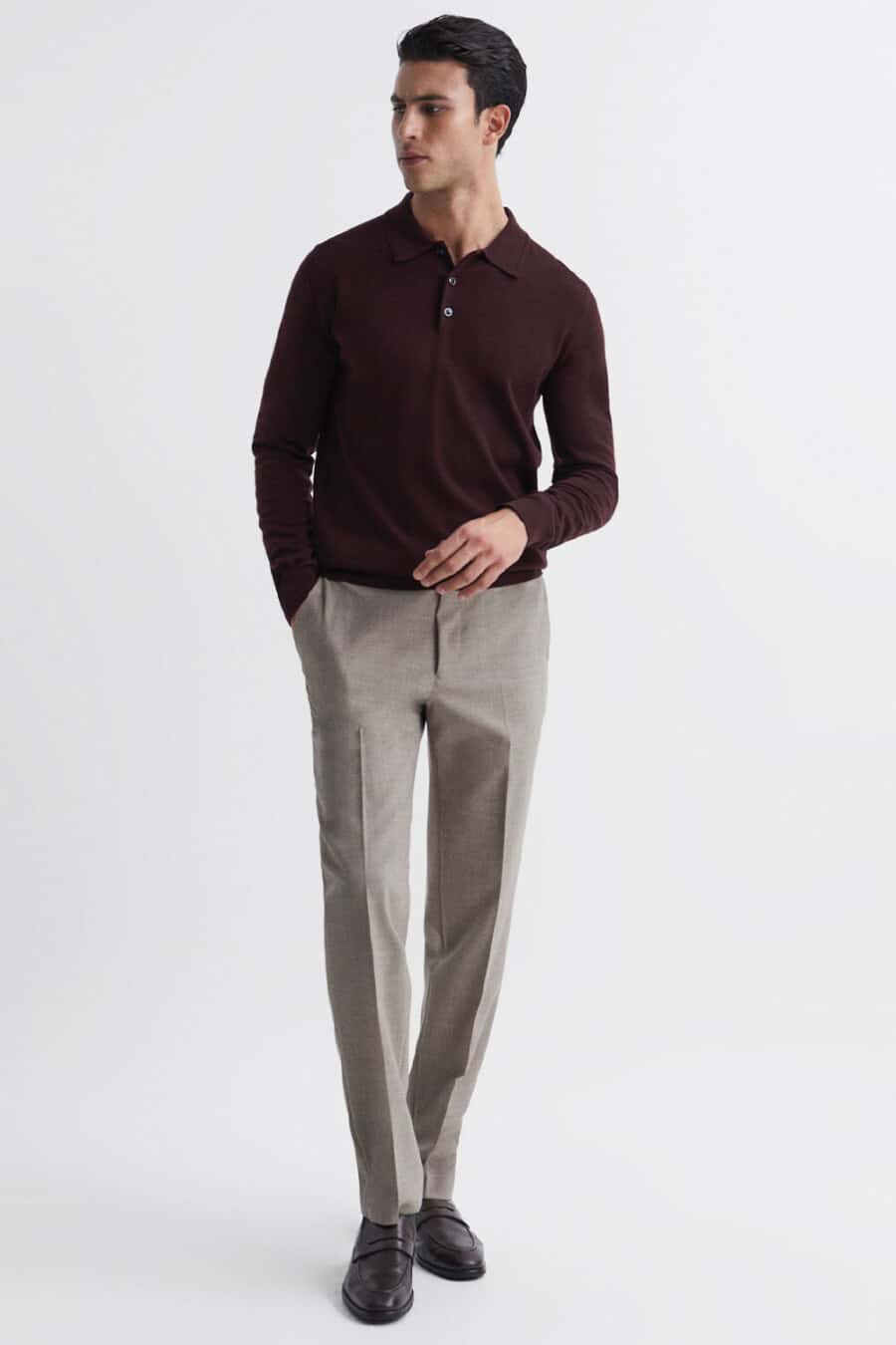 Men's brown tailored trosuers, burgundy knitted polo shirt and brown leather penny loafers outfit