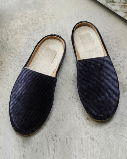 A pair of men's blue corduroy luxury sheepskin slippers by Mulo