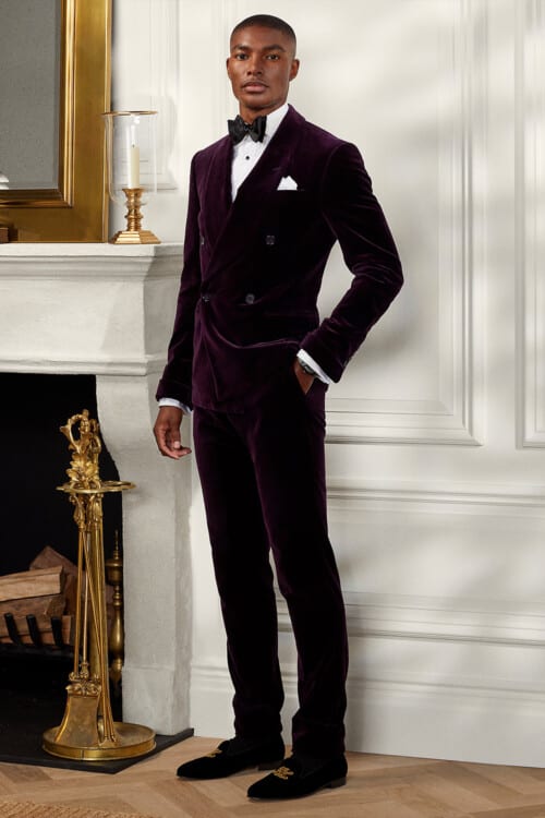 Men's burgundy velvet double-breasted suit, white shirt, black bow tie and embroidered velvet slippers outfit