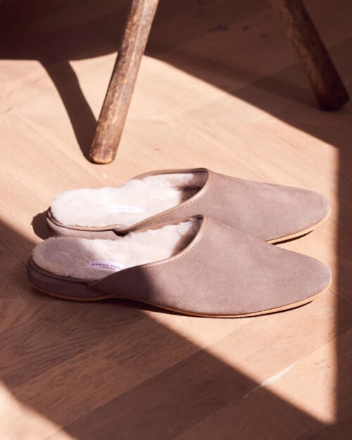 A air of luxury suede sheepskin mule slippers by Derek Rose