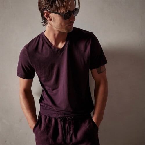 Men's V-neck Clear Jersey James Perse T-shirt in eggplant worn with matching shorts