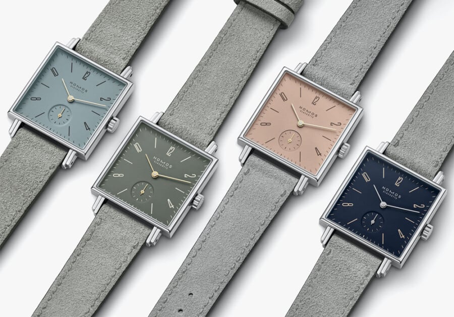 Selection of 4 NOMOS Tetra square watches in different dial colours with grey suede strap