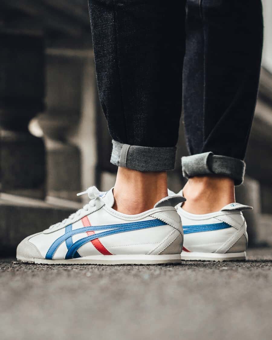 Onitsuka Tiger Mexico 66 worn on feet with no socks and turned up selvedge denim jeans