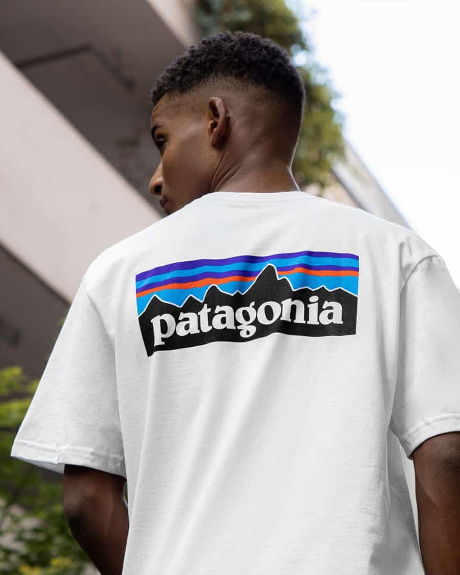 Back of a printed Patagonia white big logo T-shirt