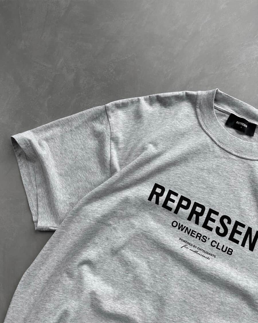 Close up of a grey heavyweight streetwear T-shirt by Represent Clo