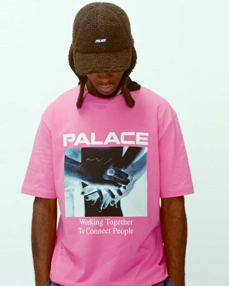 Palace men's streetwear T-shirt in pink with large photo graphic to front