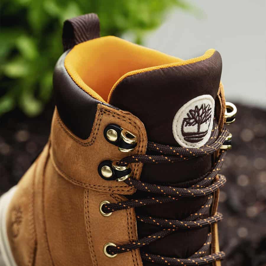 Close up of the ankle support on a pair of comfortable Timberland work boots