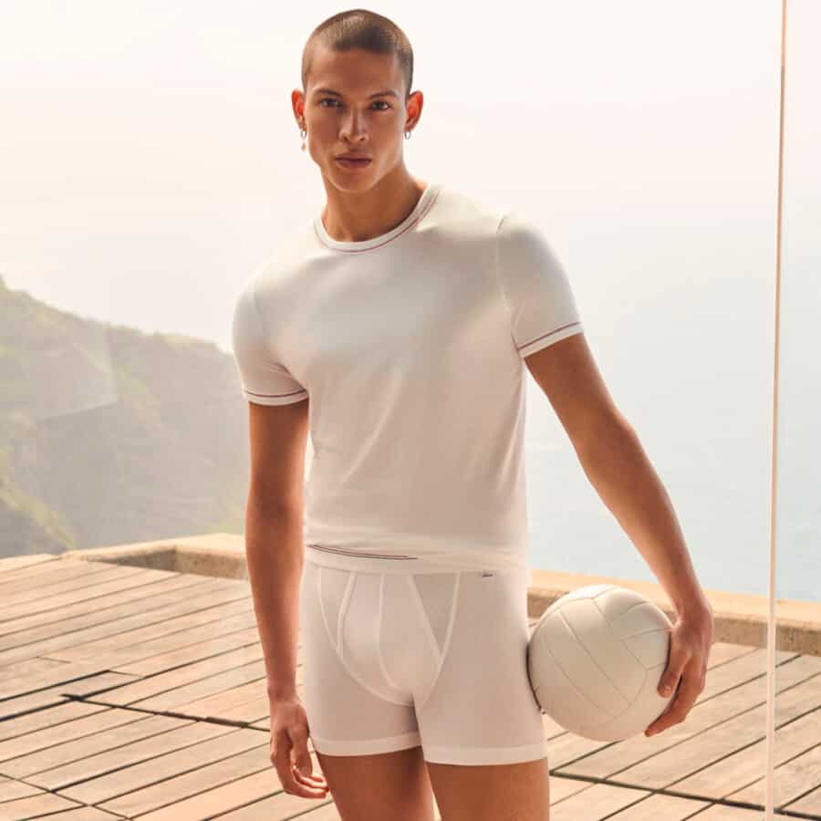 Man wearing luxury white undershirt and tight boxer shorts by Schiesser