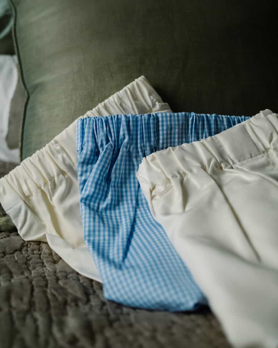 Three pairs of luxury men's boxer shorts by Turnbull & Asser in white and blue check