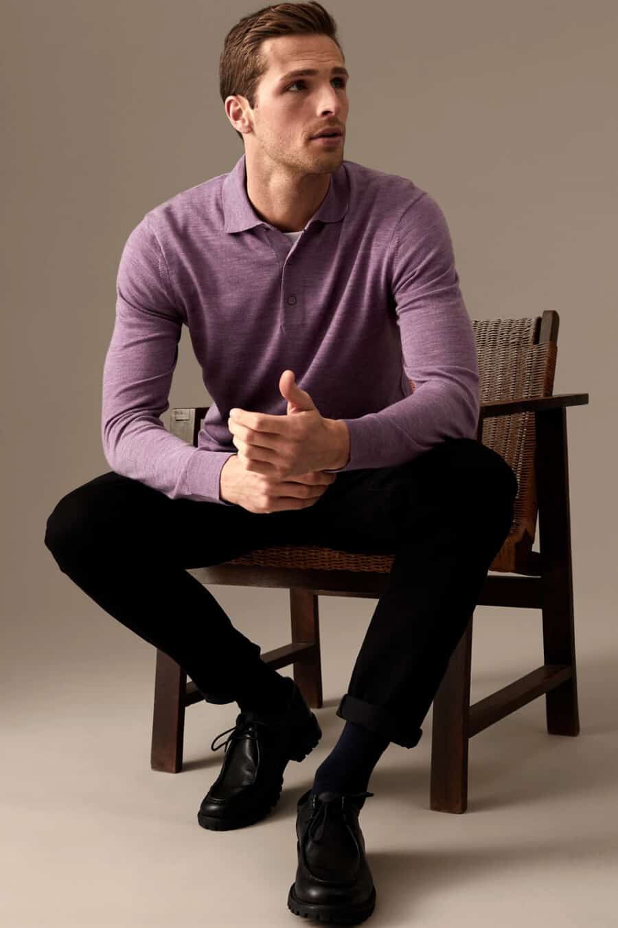 Men's black pants, long sleeve purple knitted polo shirt and black leather shoes outfit