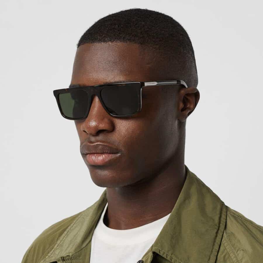 Black man wearing straight brow sunglasses with white T-shirt and green jacket