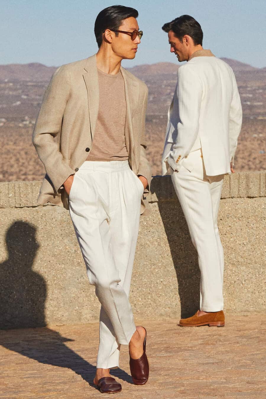 Men's white pants, brown T-shirt, camel blazer and brown leather loafers outfit