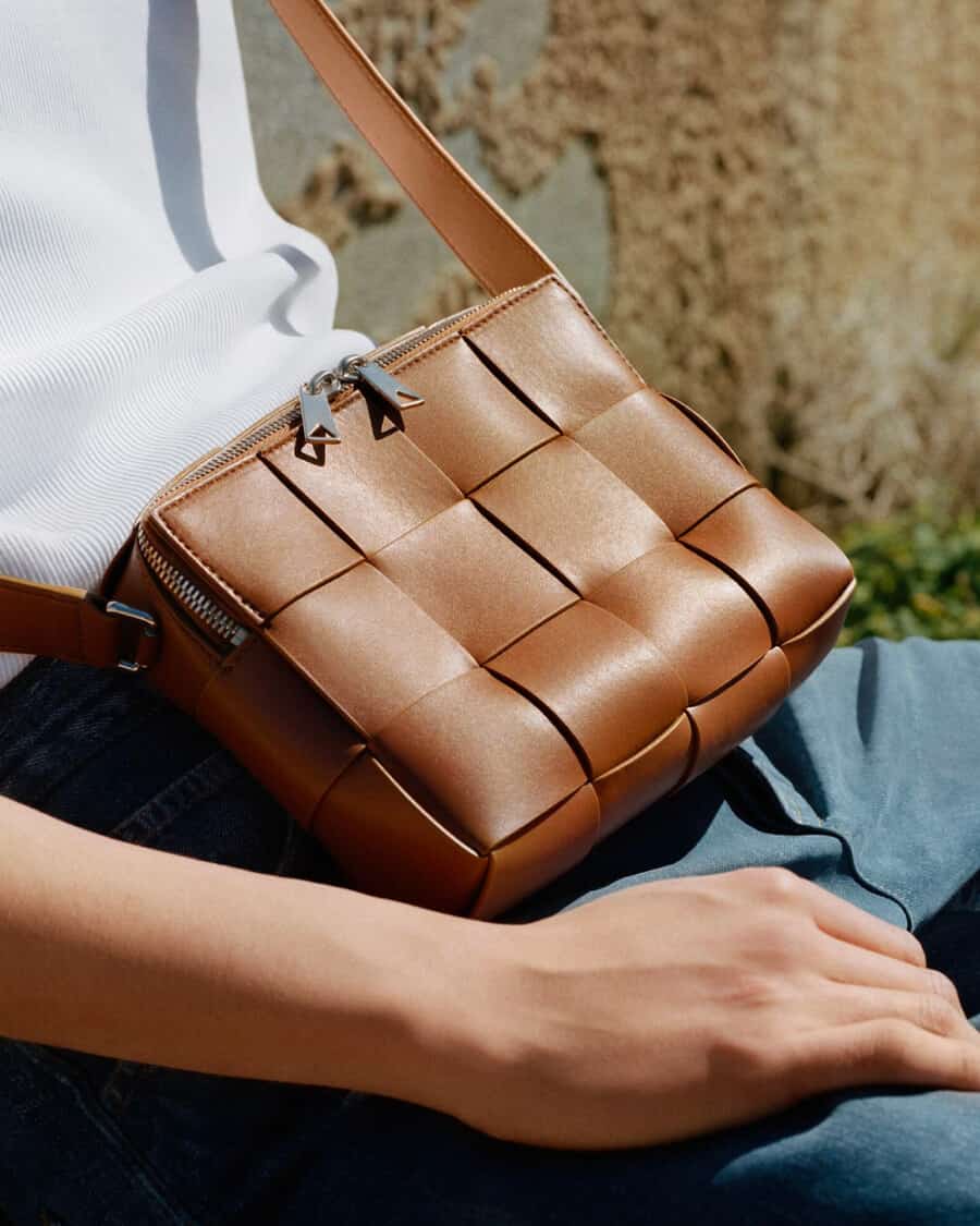 Men's luxury tan brown woven leather Bottega Veneta crossbody belt bag