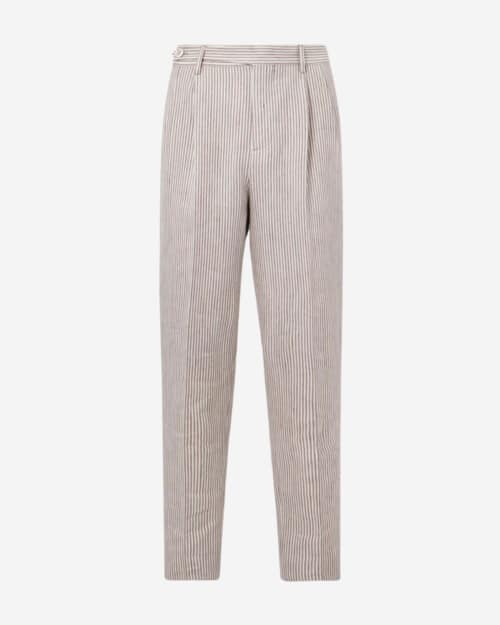 Brunello Cucinelli Straight-Leg Pleated Striped Linen and Wool-Blend Trousers