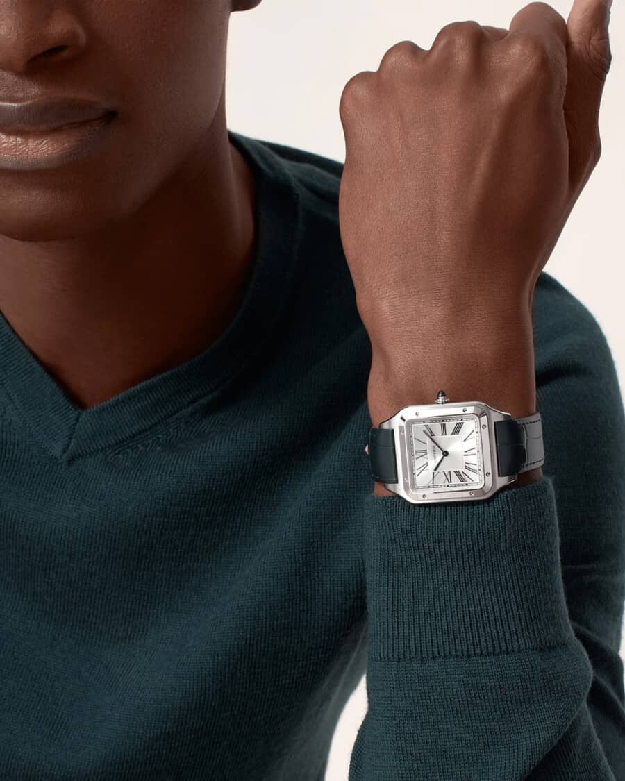 Cartier Santos-Dumont Watch Extra-Large Model, Hand-Wound Mechanical Movement, Steel, Leather WSSA0032 Watch on wrist