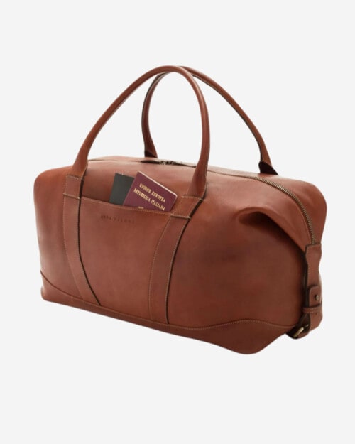 Luca Faloni Caramel Brown Leather Weekender Bag