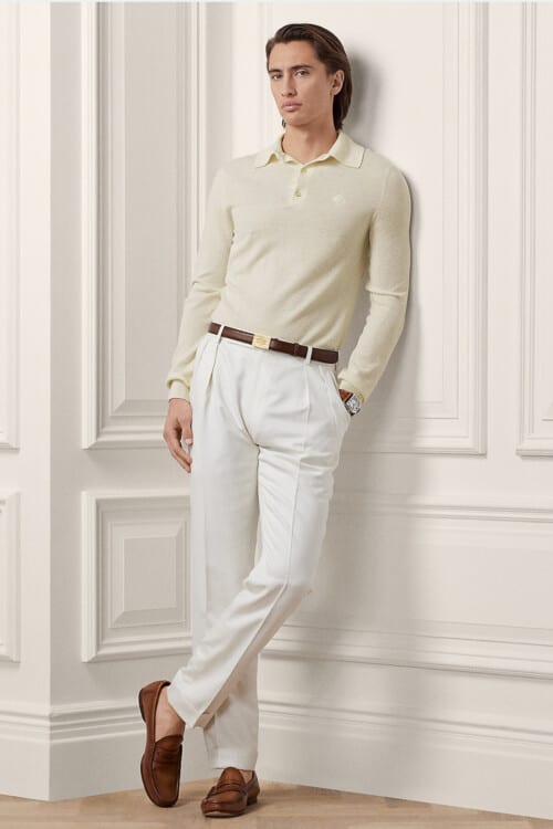 Men's old money white trousers, off white knitted polo shirt, brown leather loafers and brown leather belt outfit