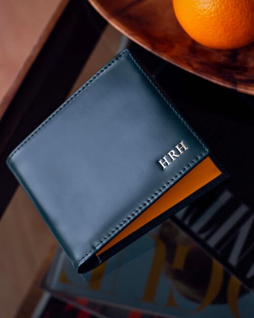 A luxury leather wallet with personalised initials engraved into outer cover