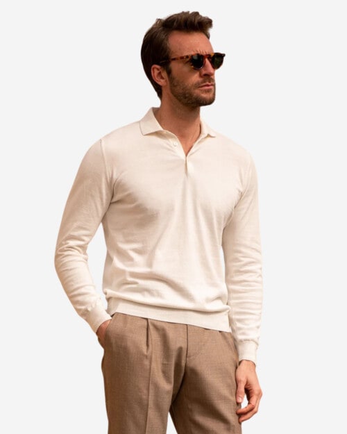 Pini Parma White Long Sleeve Cotton Polo Shirt